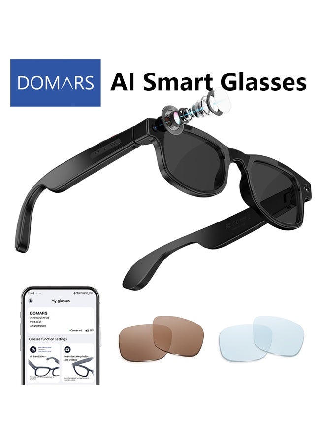 Domars AI Smart Glasses UV Protection Anti-Blue Light with 8MP Camera HD Photo Capture Auto Color-Changing Interchangeable Lenses for Men Women Travel Recording Voice Calls Language Translation 1 Pair Black Of Eyeglass Frames + 3 Pairs Of Lenses - Image 1